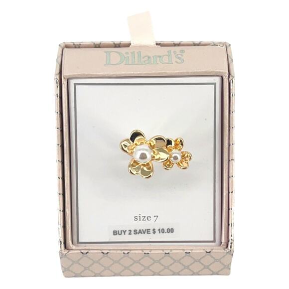 Dillards Double Daisy Floral Motif Faux Pearl Fashion Ring Womens Size 7 - Picture 4 of 6